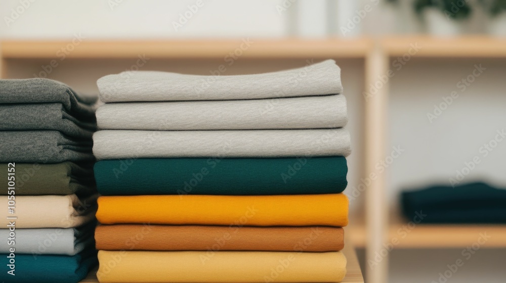 Neatly organized stacks of folded towels linens and fabrics displayed on wooden shelves in a minimalist home interior Clean Neatly organized stacks of folded towels linens and fabrics displayed on wooden shelves in a minimalist home interior Clean