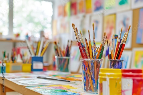 Art classroom filled with colorful supplies and student work displayed