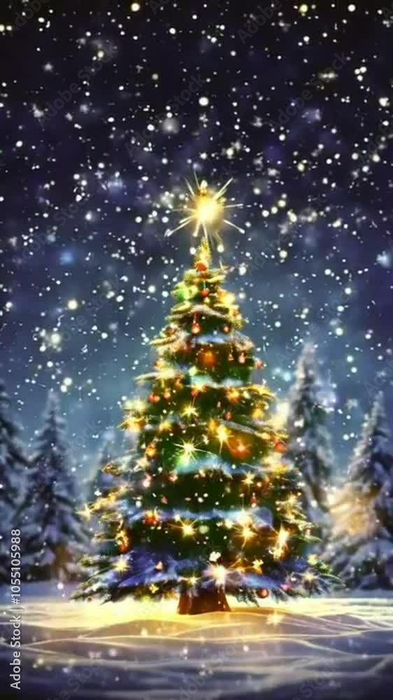 A beautifully lit Christmas tree surrounded by falling snowflakes in a wintery scene. A beautifully lit Christmas tree surrounded by falling snowflakes in a wintery scene.