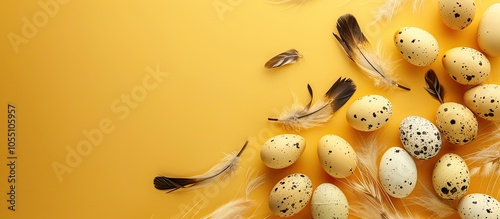 Yellow background with quail eggs feathers and copy space image