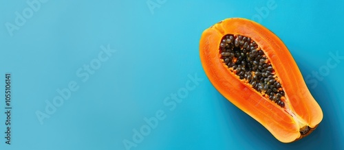 Top view of a papaya against a blue backdrop with ample space for additional content or text within the image photo