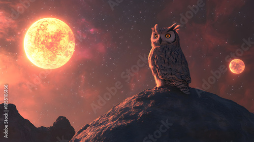 An owl perched on a rock under a red moon in a starry night. photo