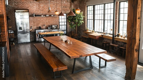 Stylish rustic kitchen with long wooden dining table and large windows