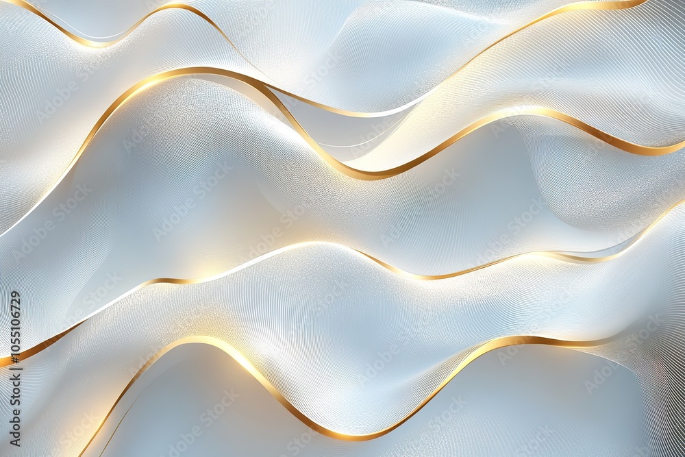 Obraz premium Abstract white background with golden waves and subtle grid pattern.