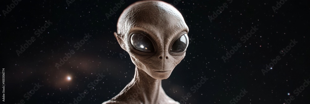 A highly detailed 3D render of a gray-skinned alien with large, reflective eyes, standing in the dark void of space A highly detailed 3D render of a gray-skinned alien with large, reflective eyes, standing in the dark void of space