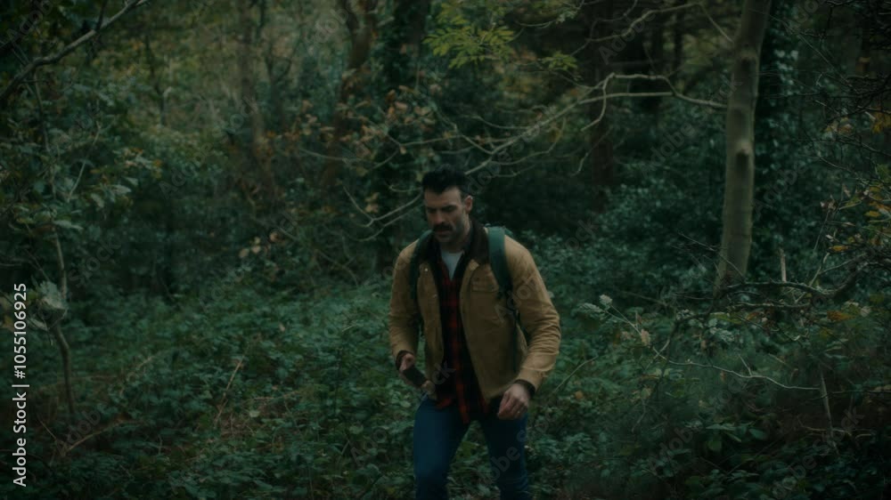 Man hiking, walking in the natural forest, looking around, nature. Trekking with a backpack walks through the forest. Man hiking, walking in the natural forest, looking around, nature. Trekking with a backpack walks through the forest.