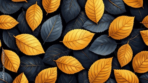 A vibrant arrangement of yellow and dark blue leaves on a textured background.