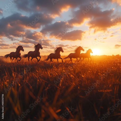A herd of wild horses running across a grassy plain at sunset, dynamic movement with a clear sky for copy space.