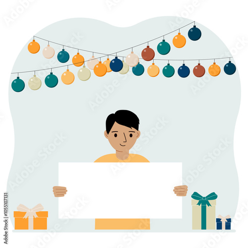 Celebration concept with garland, gift boxes and poster. A little boy smiles, rejoices and celebrates a birthday, name day, or a festive event. Vector flat illustration
