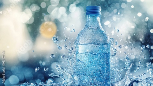 A water bottle splashes in a vibrant blue environment, highlighting freshness and hydration.