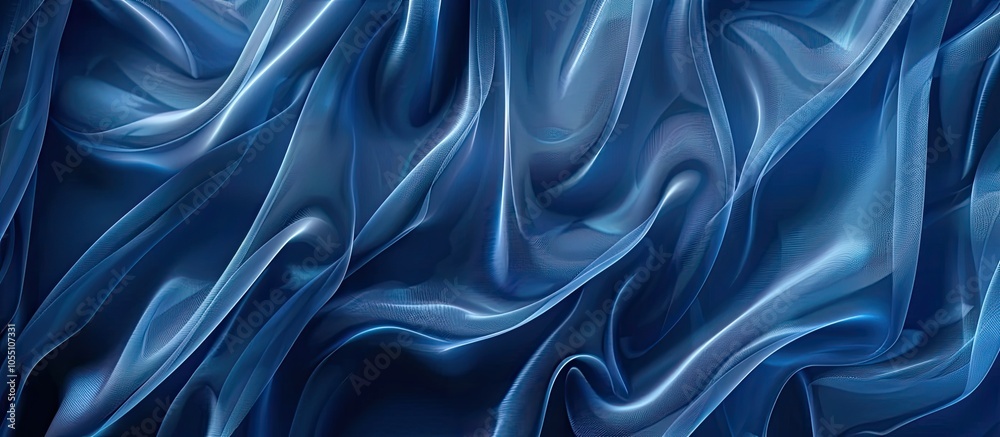 Obraz premium Luxurious dark blue tulle texture backdrop with transparent lines and waves offers a sky blue drapery curtain effect for window display along with copy space image