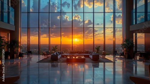Stunning sunset view from a modern high-rise lobby with glass walls