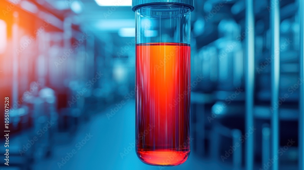 A vibrant test tube filled with red liquid is suspended in a laboratory, surrounded by a blurred background of scientific equipment. A vibrant test tube filled with red liquid is suspended in a laboratory, surrounded by a blurred background of scientific equipment.