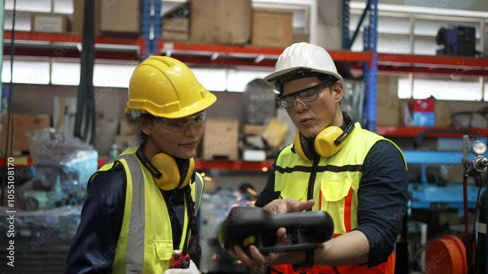 Blue collar workers work with automatic welding torch robot arm. Industrial, technology. Blue collar workers work with automatic welding torch robot arm. Industrial, technology.