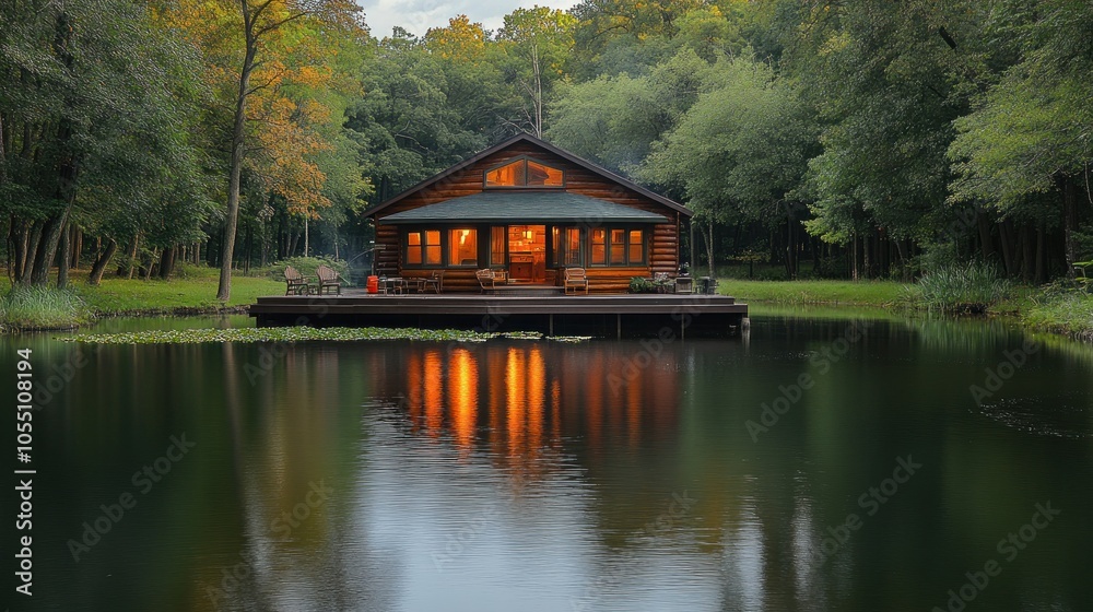 Serene lakeside cabin reflecting on calm waters at sunset. Serene lakeside cabin reflecting on calm waters at sunset.
