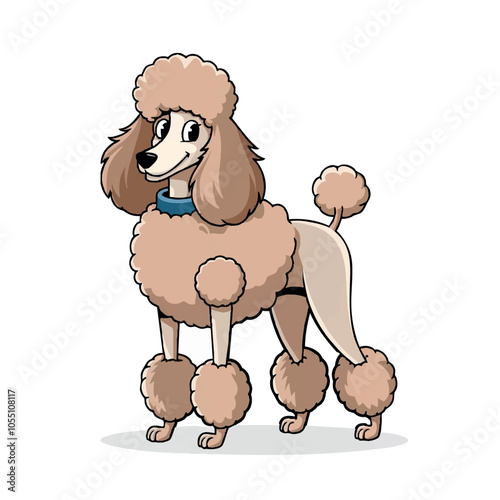 A cheerful cartoon poodle standing proudly with fluffy fur and playful demeanor in a bright and colorful style