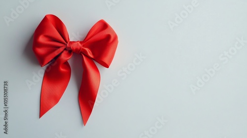 A bright red ribbon tied into a bow, set against a plain white backdrop.