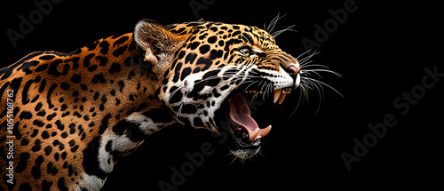 Close up of a jaguar roaring with its mouth open and teeth showing, isolated on black background.