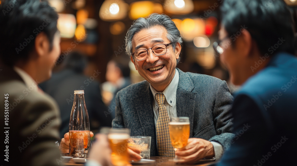 Smiling friends gather around a table at a cozy pub, enjoying drinks and good company Smiling friends gather around a table at a cozy pub, enjoying drinks and good company