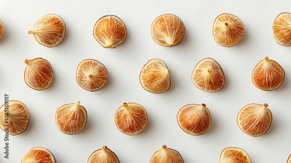 Artistic arrangement of dried figs on a crisp white background, each fig revealing detailed imperfections and natural beauty