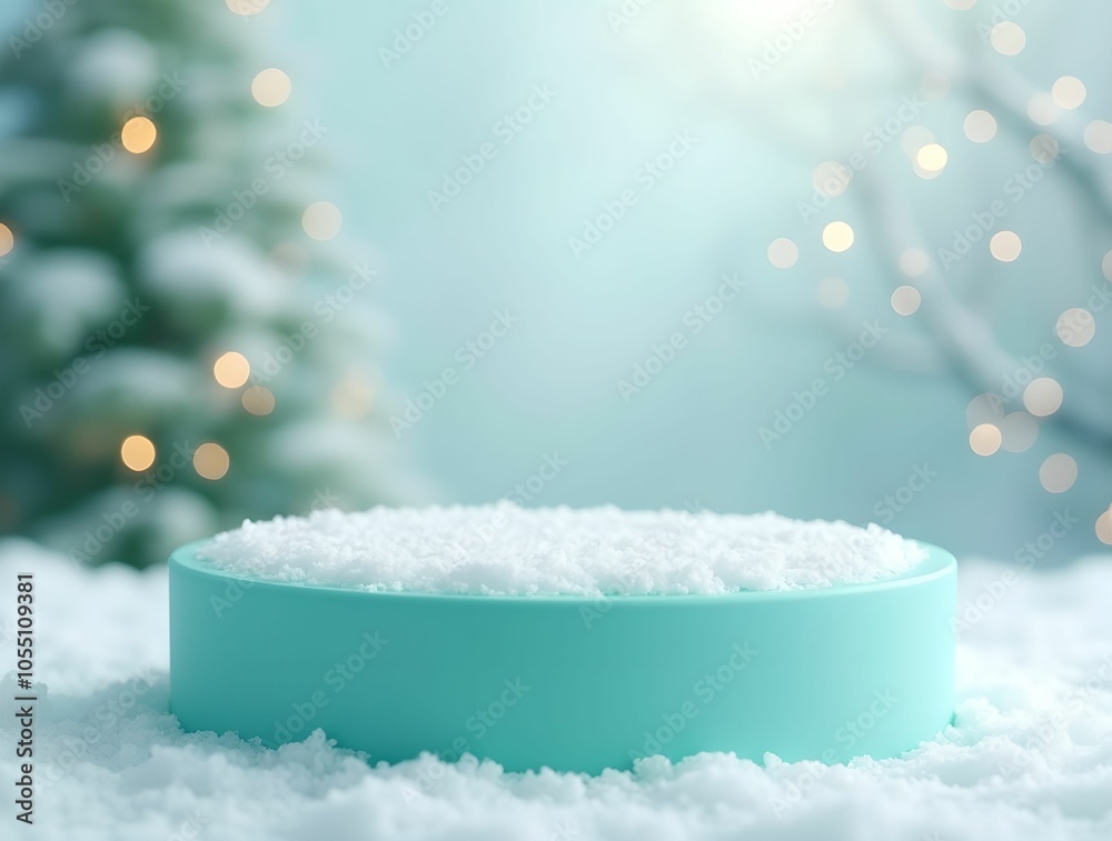 A turquoise podium against a backdrop of white snow. Light snow behind the podium, and blurred green and white lights in the background. A turquoise podium against a backdrop of white snow. Light snow behind the podium, and blurred green and white lights in the background.