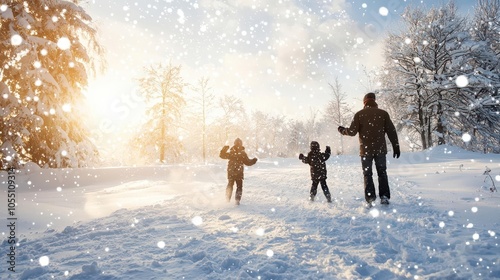 Family enjoying a snowball fight in a winter wonderland, pure joy, snowcapped trees all around