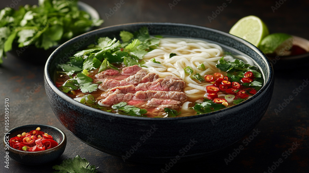 Vietnamese pho with rice noodles, sliced beef, fresh herbs, and a side of lime and chili peppers Vietnamese pho with rice noodles, sliced beef, fresh herbs, and a side of lime and chili peppers