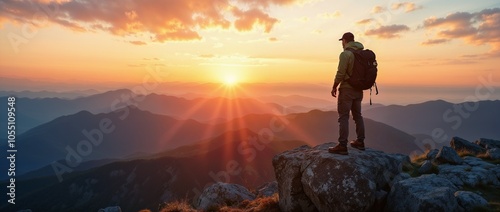 Hiker standing on top of a mountain and looking at the sunrise photo