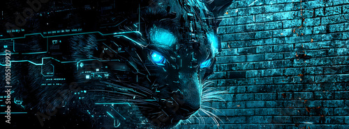 Close-up of a black cat's face with glowing blue eyes and digital effects, set against a blue brick wall.