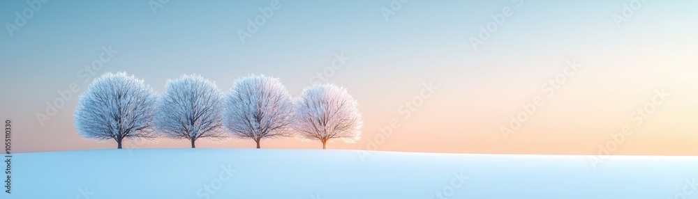 Winter landscape with snow-covered ground, four frosty trees against a serene pastel sky. Winter landscape with snow-covered ground, four frosty trees against a serene pastel sky.