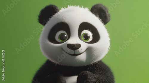 Closeup of a cute cartoon panda bear with green eyes and a big smile against a green background.