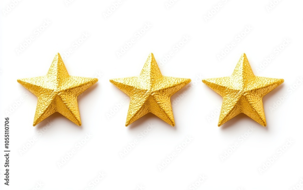 Five star rating review icon, golden 5 stars in a row, isolated on white background 