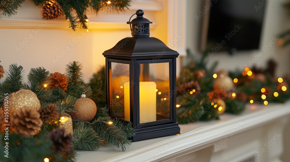 A black lantern with a lit candle sits on a mantelpiece decorated with pine branches, golden baubles, pine cones, and fairy lights. A black lantern with a lit candle sits on a mantelpiece decorated with pine branches, golden baubles, pine cones, and fairy lights.