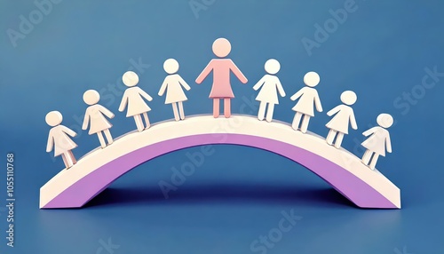 A colorful bridge made of paper figures representing gender equality, with a pink figure in the center symbolizing women's empowerment and unity in community.