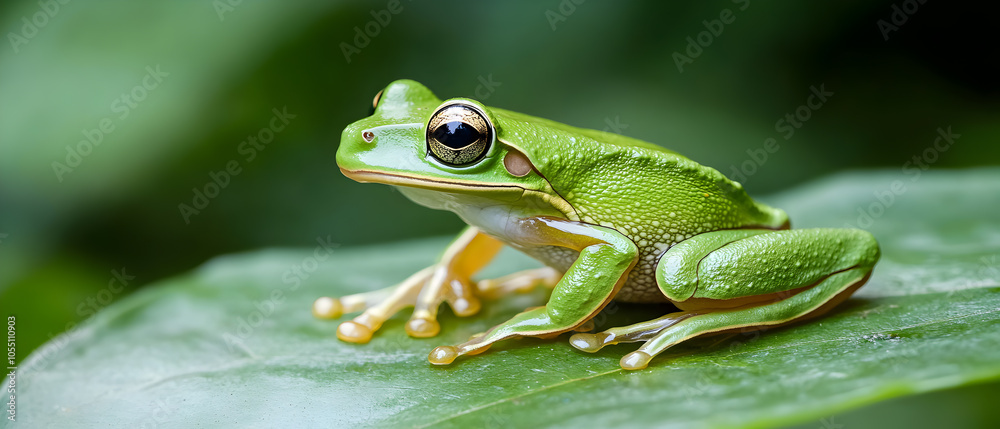 Obraz premium Close-up of a green frog perched on a leaf.