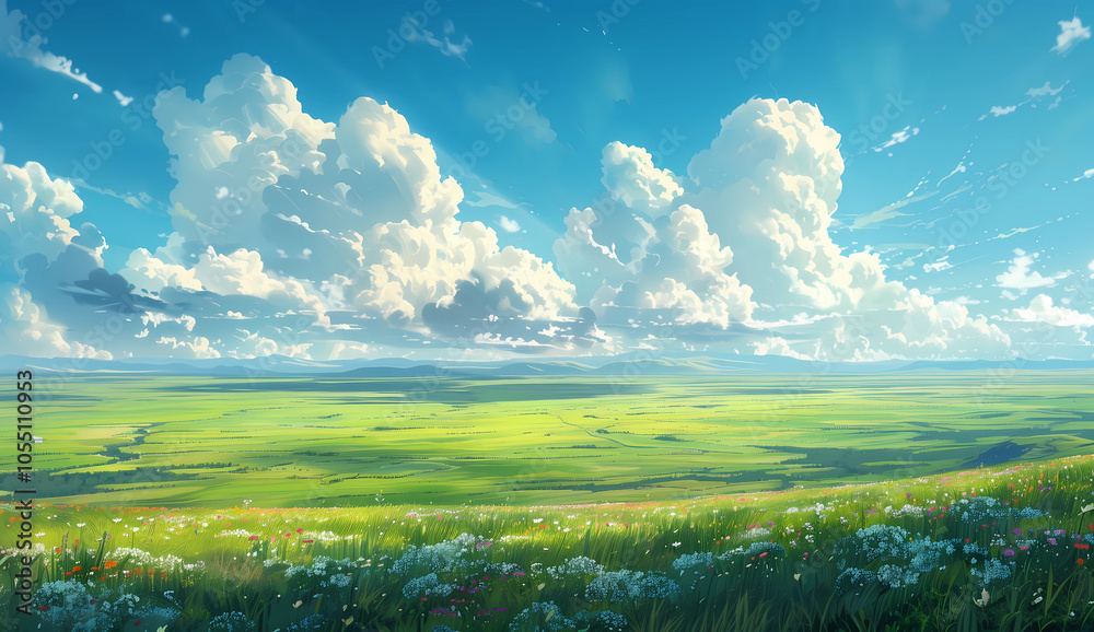 A vibrant meadow under a brilliant sky filled with fluffy clouds during golden daylight A vibrant meadow under a brilliant sky filled with fluffy clouds during golden daylight