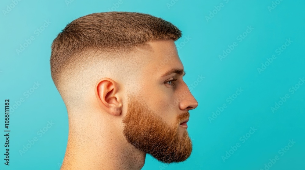 Fototapeta premium Close up Portrait of a Man Getting a Stylish French Crop Haircut with Textured Matte Gel for a Polished Sophisticated Look