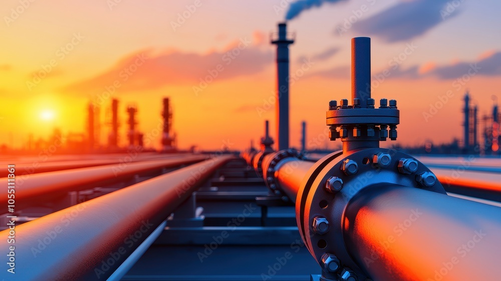 A vibrant sunset casts orange hues over industrial pipes and smokestacks, highlighting a thriving energy sector. A vibrant sunset casts orange hues over industrial pipes and smokestacks, highlighting a thriving energy sector.