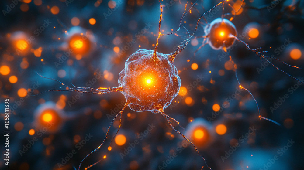 Close-up of neurons firing in a brain, glowing synapses connecting, with a dark background and room for text. Close-up of neurons firing in a brain, glowing synapses connecting, with a dark background and room for text.