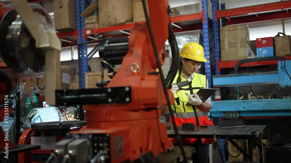 Blue collar worker work with automatic welding torch robot arm. Industrial, technology. Blue collar worker work with automatic welding torch robot arm. Industrial, technology.