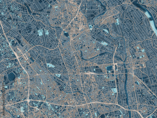 Painterly Style City Map of Koshigaya, Japan in a Blue Color Scheme. photo