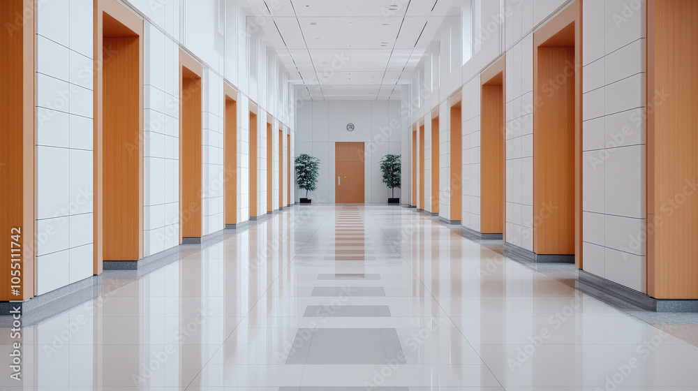 Long, empty corridor with soft light, leading to a distant door Long, empty corridor with soft light, leading to a distant door