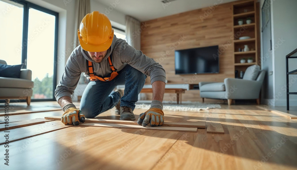 A focused worker installs a wooden floor, highlighting craftsmanship and construction safety.
A focused worker installs a wooden floor, highlighting craftsmanship and construction safety.