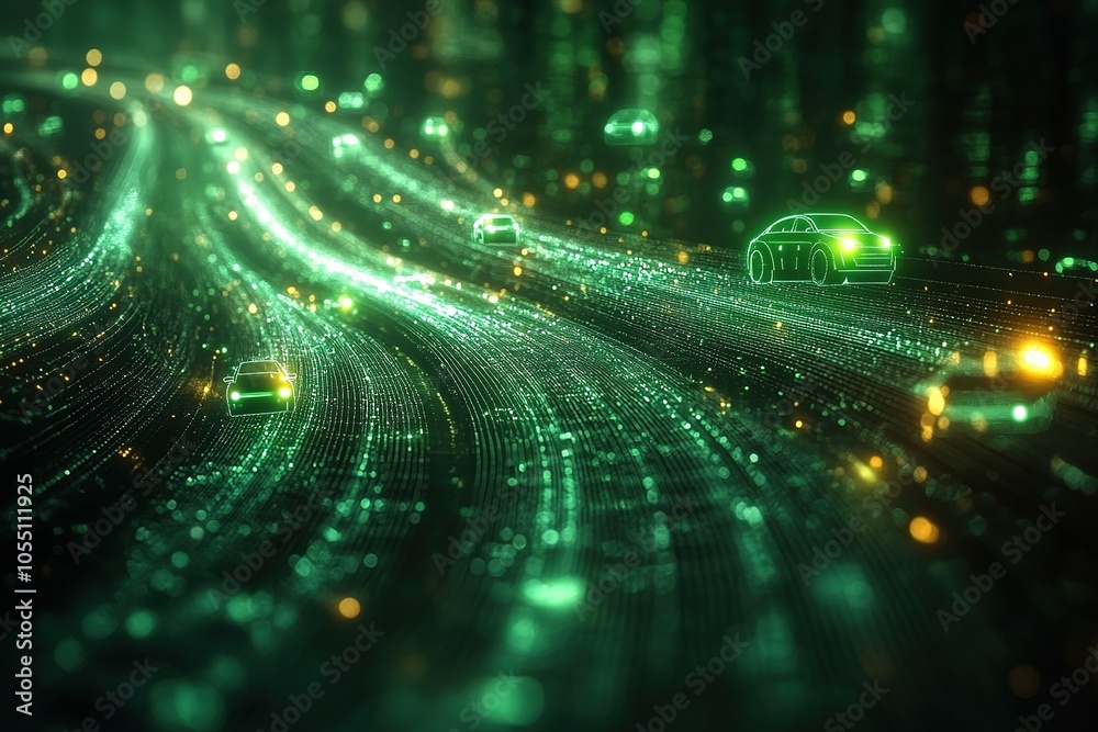 Cars driving on a digital highway with green glowing lights. Cars driving on a digital highway with green glowing lights.