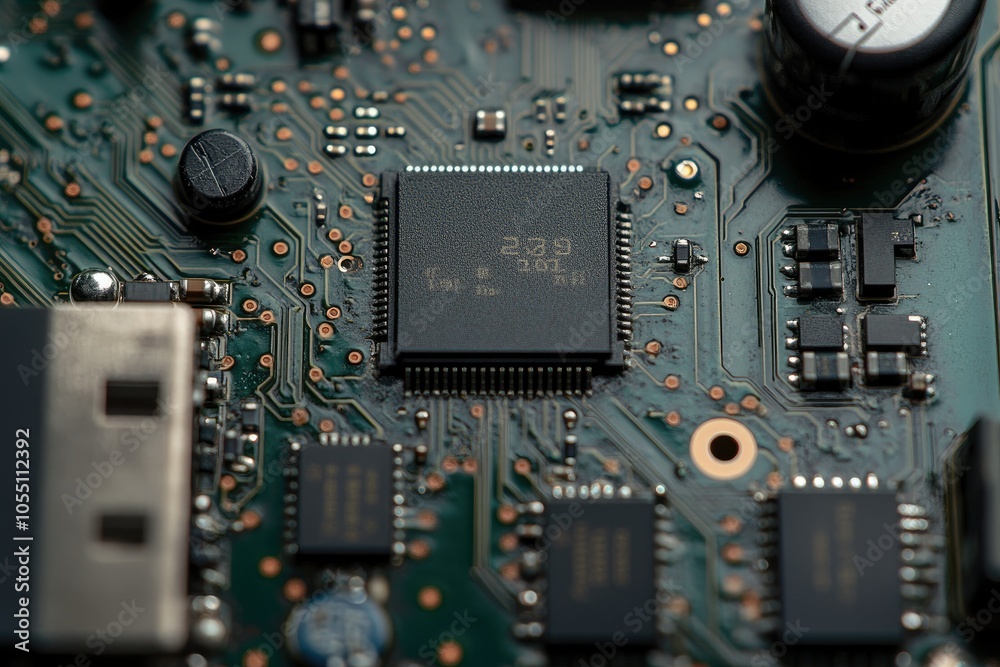 Fototapeta premium Close-Up of a Microprocessor, the Central Processing Unit of a Computer System, Located on a Printed Circuit Board