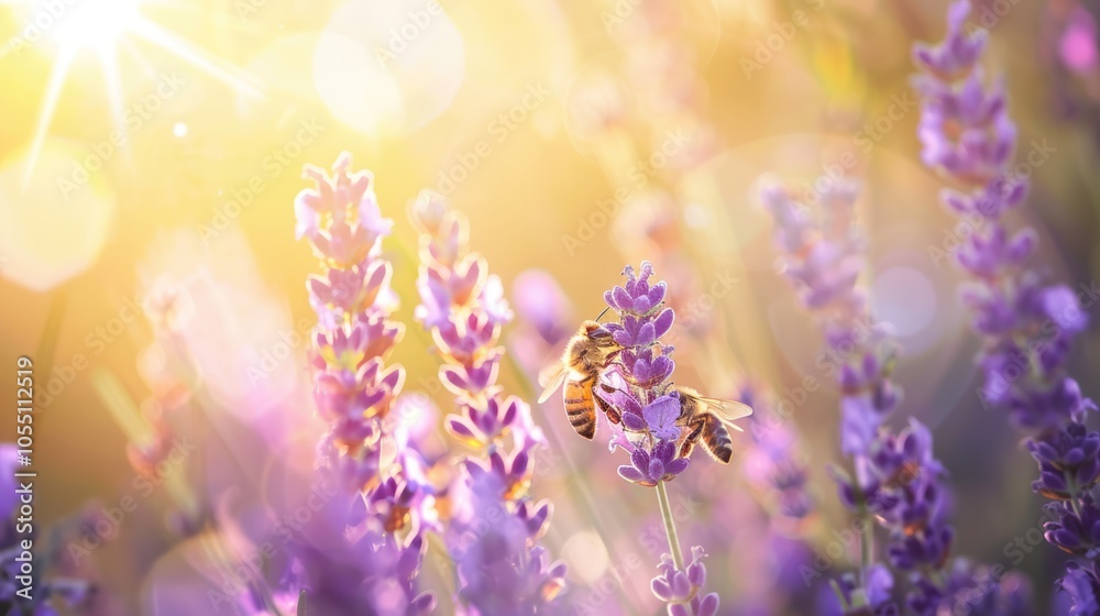 Obraz premium Bees on Lavender in Sunlight