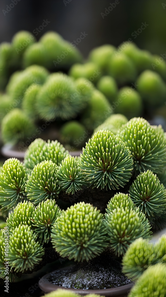 Close-up of green, round, spiky plants in pots. Close-up of green, round, spiky plants in pots.