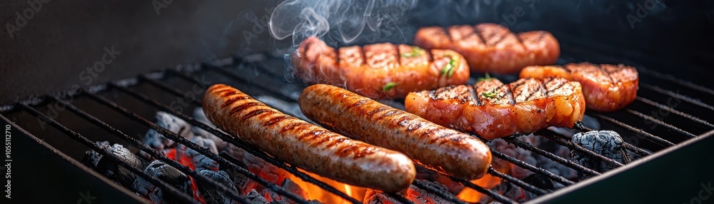 Grilled sausages on a barbecue with smoke, perfect for summer meals and outdoor gatherings. Grilled sausages on a barbecue with smoke, perfect for summer meals and outdoor gatherings.