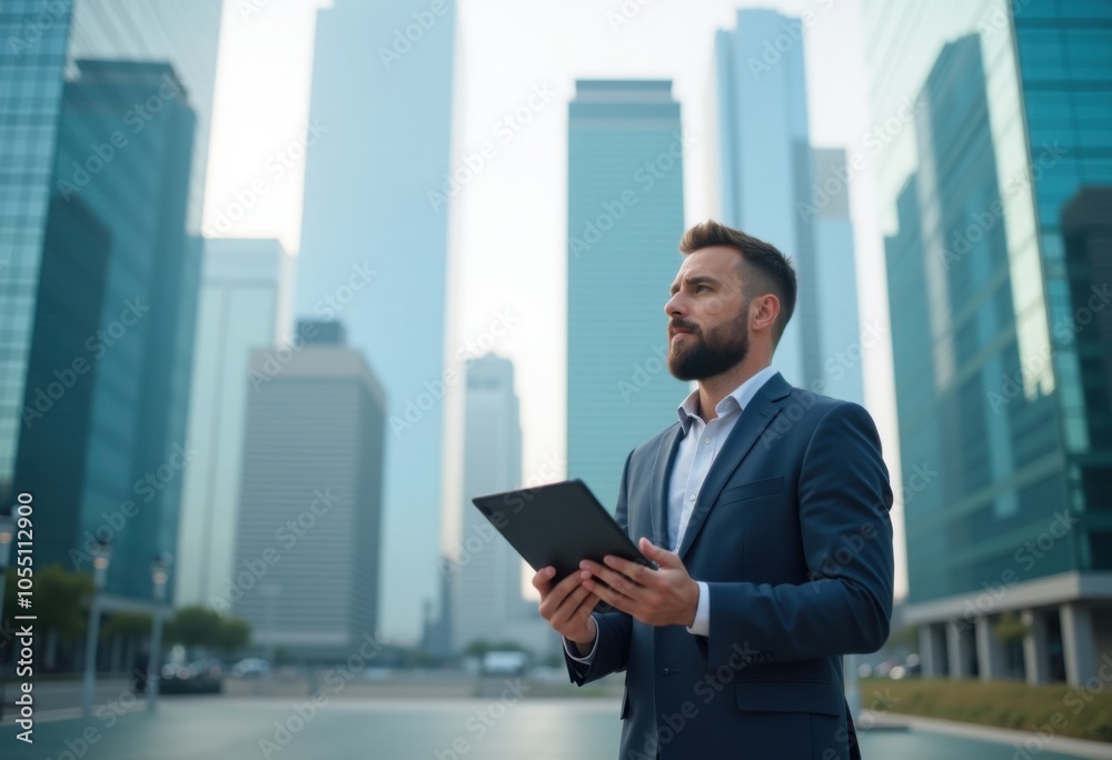 Man standing in front of a skyscraper holding a tablet Man standing in front of a skyscraper holding a tablet