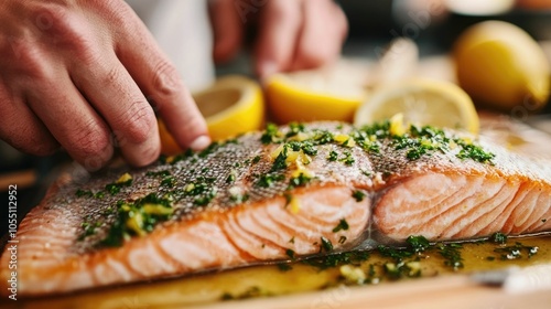 Close up of a person s hands carefully preparing a fresh salmon fillet seasoning it with lemon and aromatic herbs for a healthy protein rich and delicious meal photo